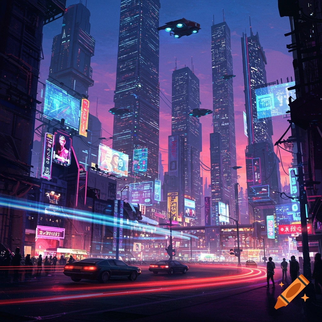 A vibrant cyberpunk city at night with towering skyscrapers, neon lights, flying vehicles, and light trails from cars on the street.