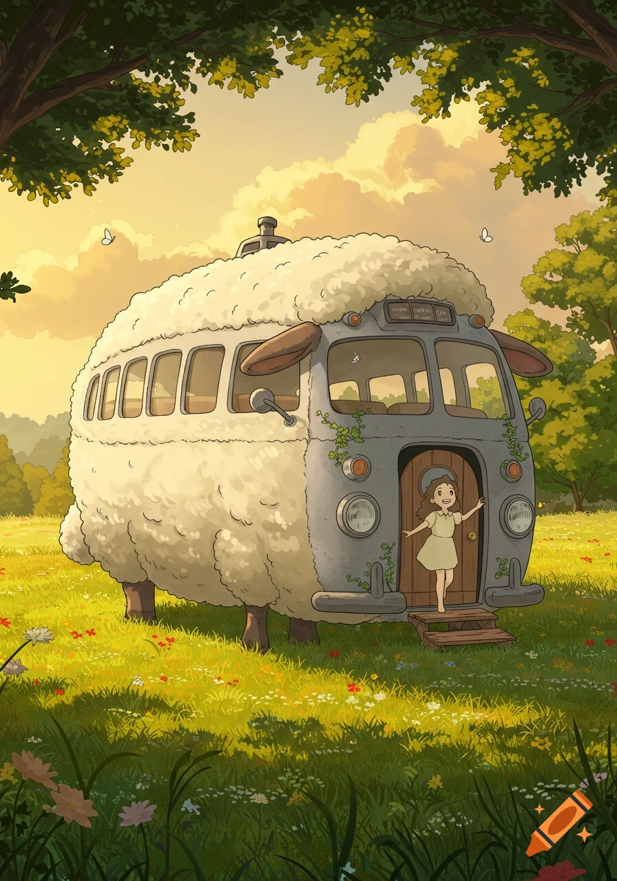 A girl exits a fluffy sheep-shaped bus in a sunny meadow, depicted in Studio Ghibli animation style.