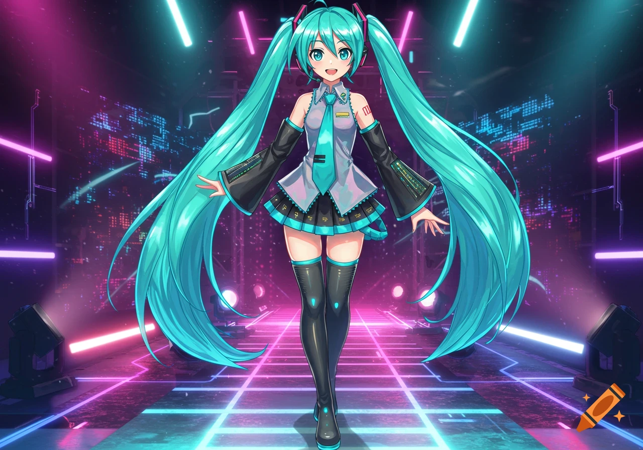 Hatsune Miku, an anime girl with long turquoise pigtails, stands on a neon-lit stage with pink and blue lights.