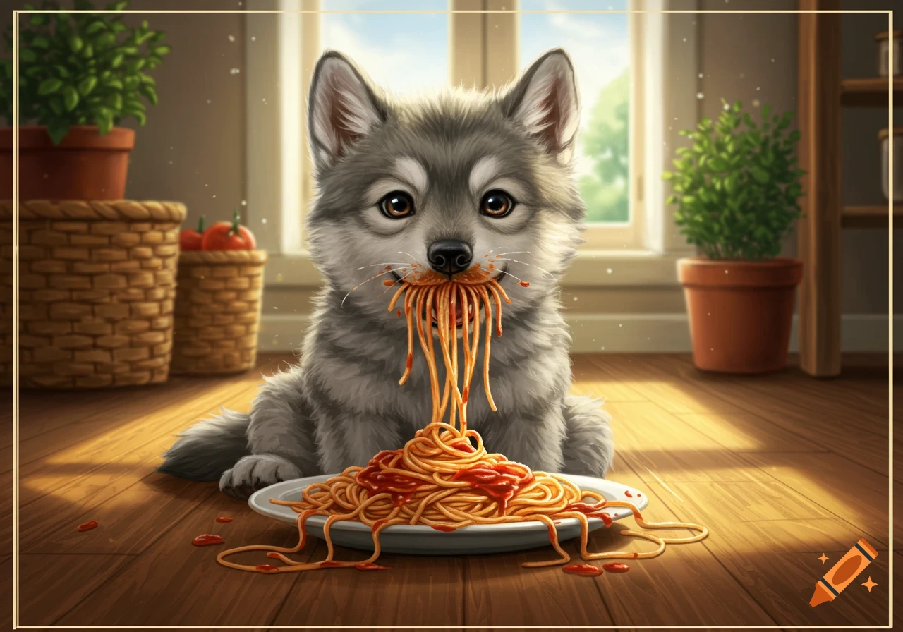 A cute wolf puppy with gray fur sits on a wooden floor, eating a plate of spaghetti with red sauce, noodles hanging from its mouth. Sunny indoor scene.