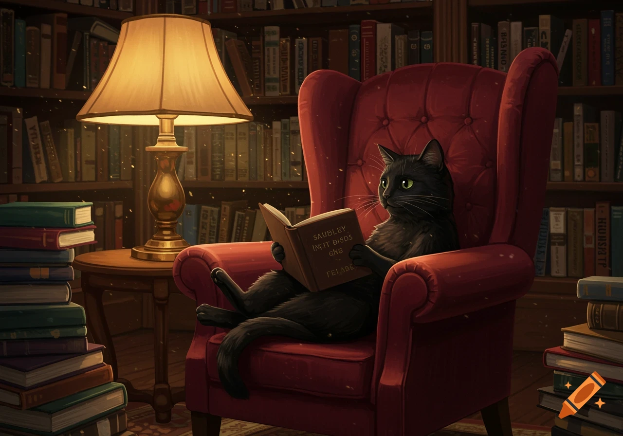 A black cat with green eyes sits comfortably in a red armchair, reading a book in a cozy, dimly lit library with many bookshelves.