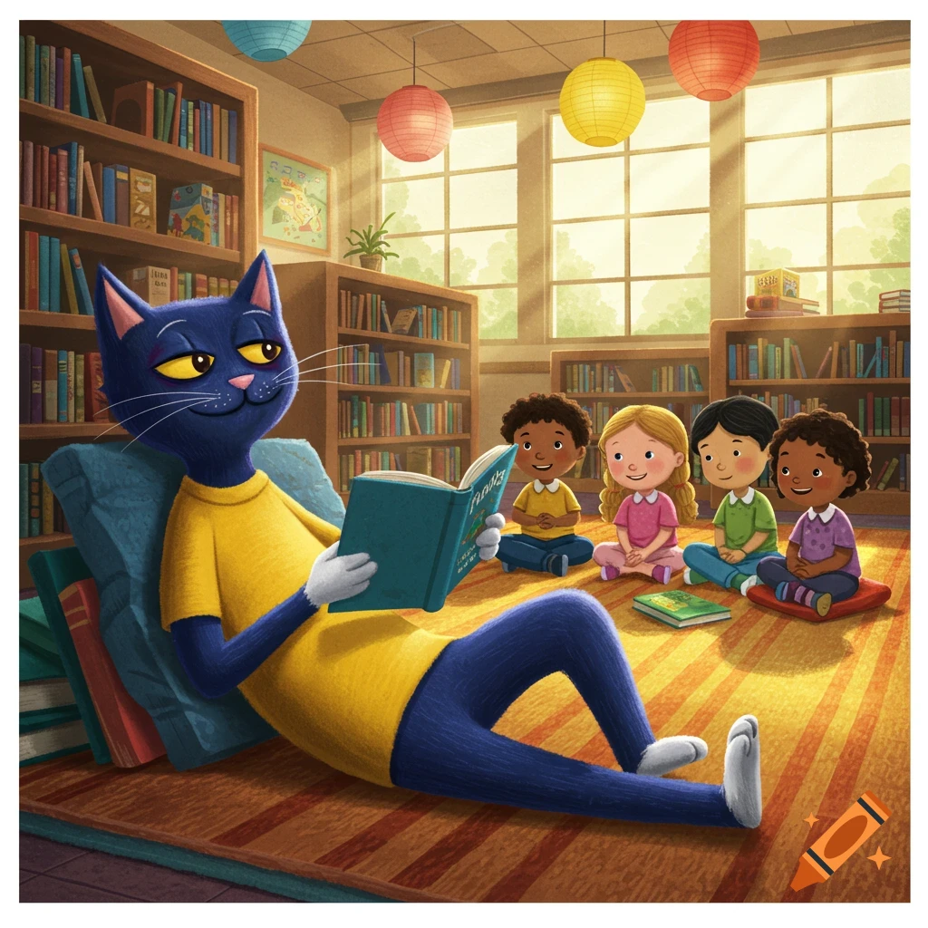 A cartoon blue cat, Pete the Cat, reads a book to four diverse children sitting on the floor in a bright school library.