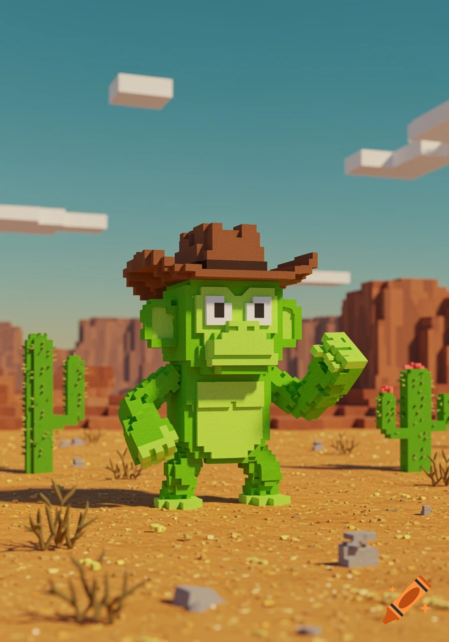 Pixelated lime green monkey wearing a brown cowboy hat stands in a desert with cacti and mesas under a blue sky.