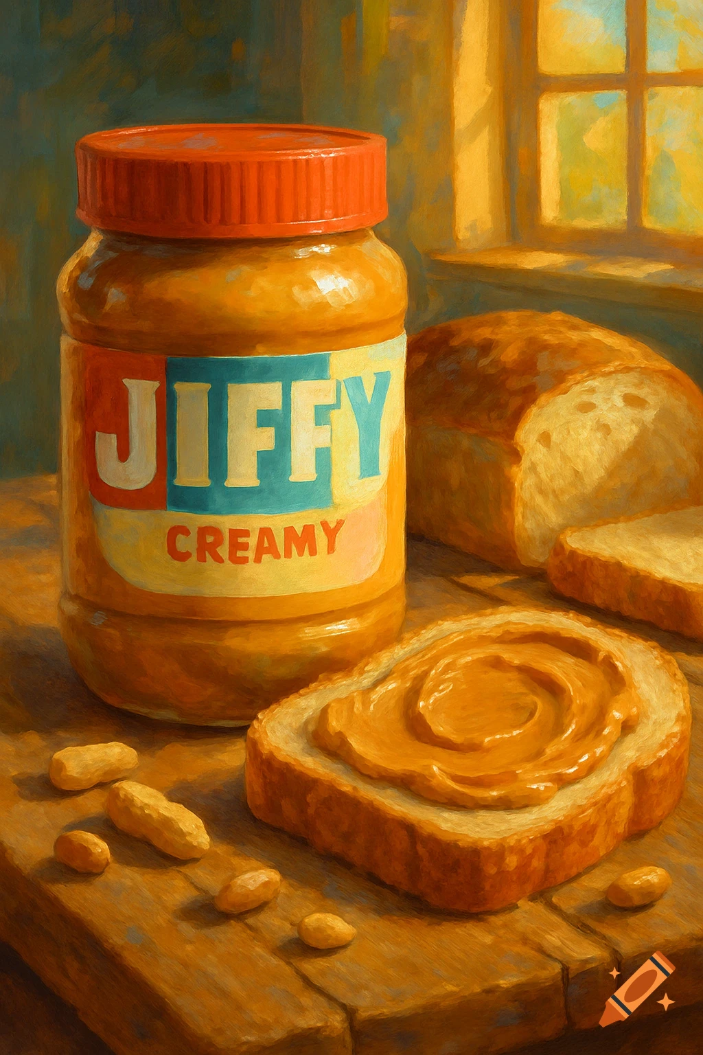 An oil painting of a Jiffy peanut butter jar, a loaf of bread, a slice of peanut butter toast, and loose peanuts on a wooden table.