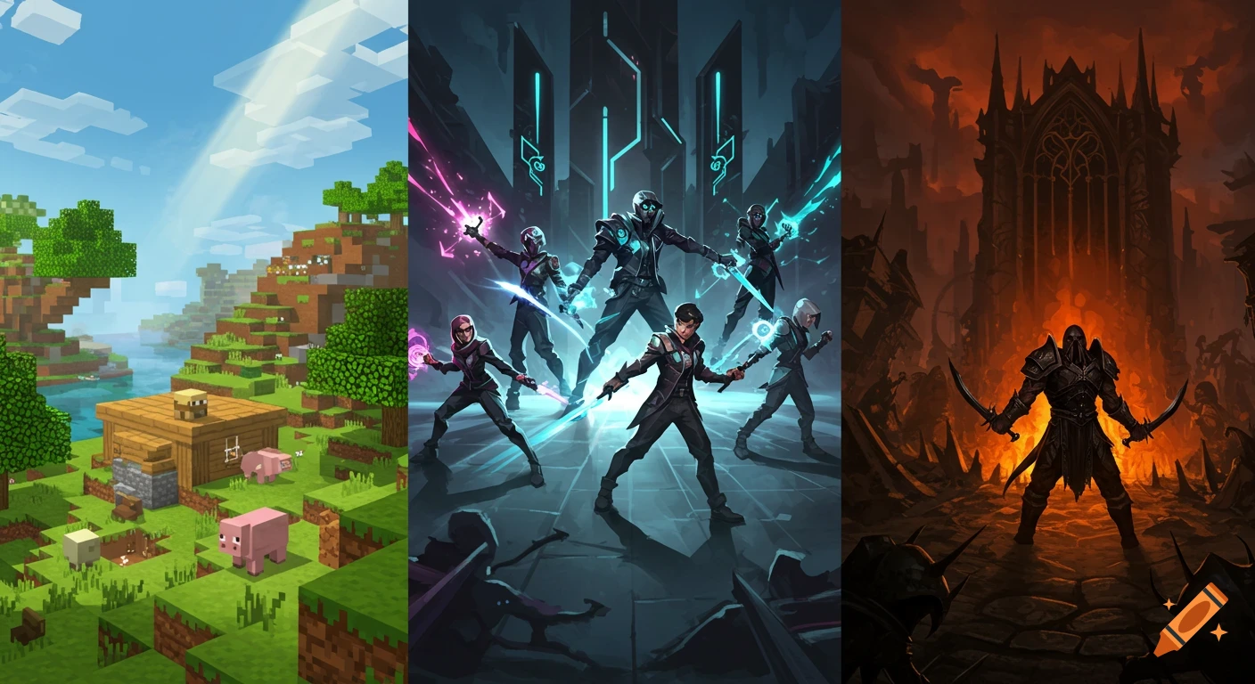 A three-panel image featuring a blocky Minecraft landscape, futuristic warriors with glowing weapons, and a dark fantasy character in front of a Gothic structure.
