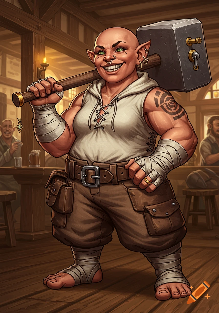 A bald, stout female halfling with a large hammer stands in a rustic tavern, depicted in a TTRPG illustration style.