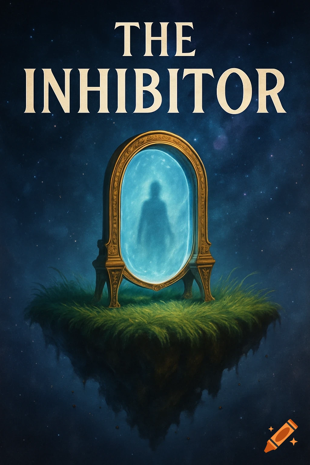 A golden ornate mirror portal with a glowing blue, silhouetted figure stands on a floating grassy island under a starry sky. Text reads 'THE INHIBITOR'.