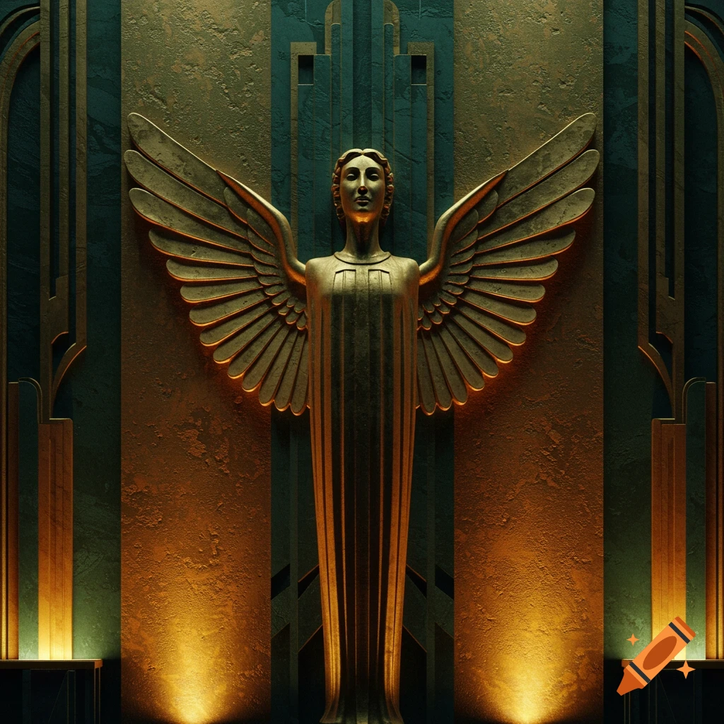 A golden Art Deco winged statue stands against a textured gold and teal architectural background, illuminated by warm light.