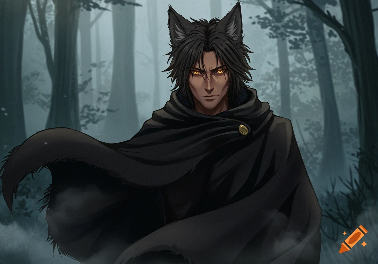 An anime-style man with wolf ears, dark shaggy hair, glowing yellow eyes, and a black cloak stands in a misty forest.