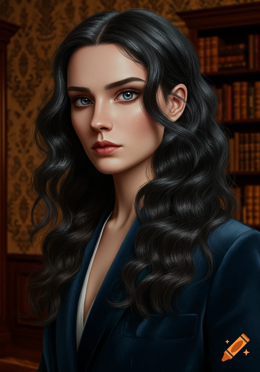 Photorealistic portrait of a woman with long dark wavy hair, blue eyes, wearing a blue velvet blazer in a study.