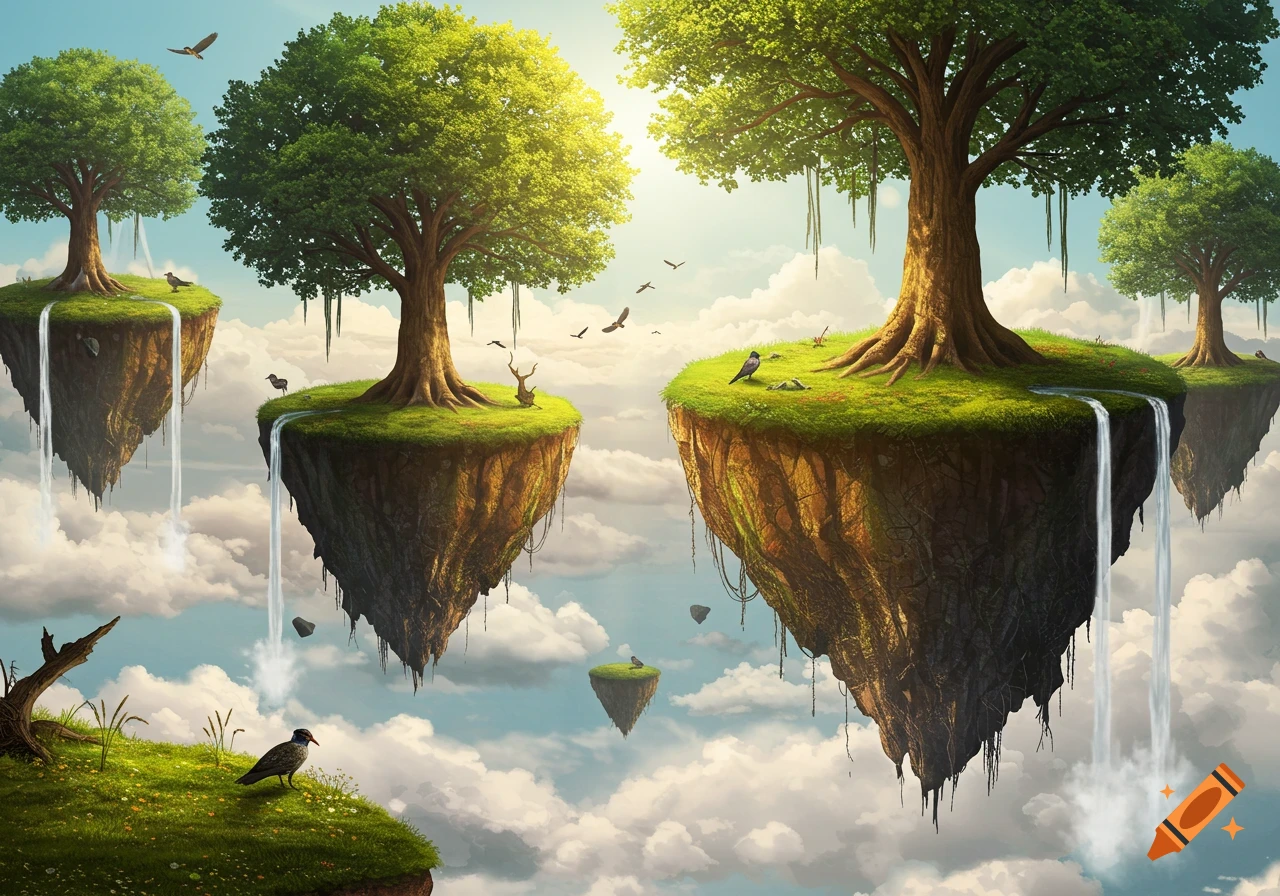 Several lush green floating islands in a bright sky, featuring large trees, cascading waterfalls, and birds flying.