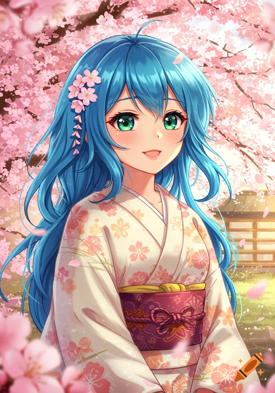 Anime girl with blue hair, green eyes, and a floral kimono smiling under a blooming cherry blossom tree.