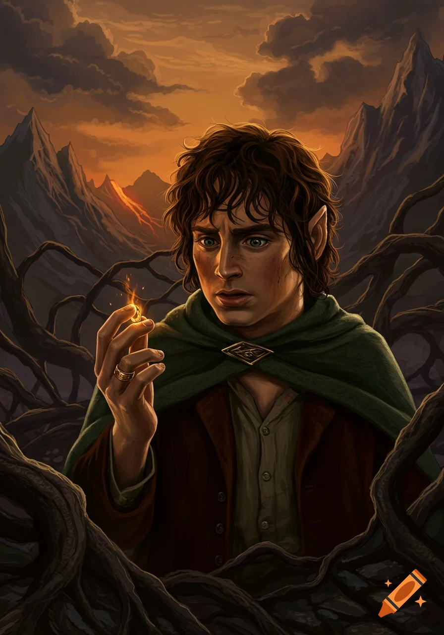 A stylized painting of Frodo Baggins holding the glowing One Ring, set against a dramatic, mountainous landscape with an orange sky.