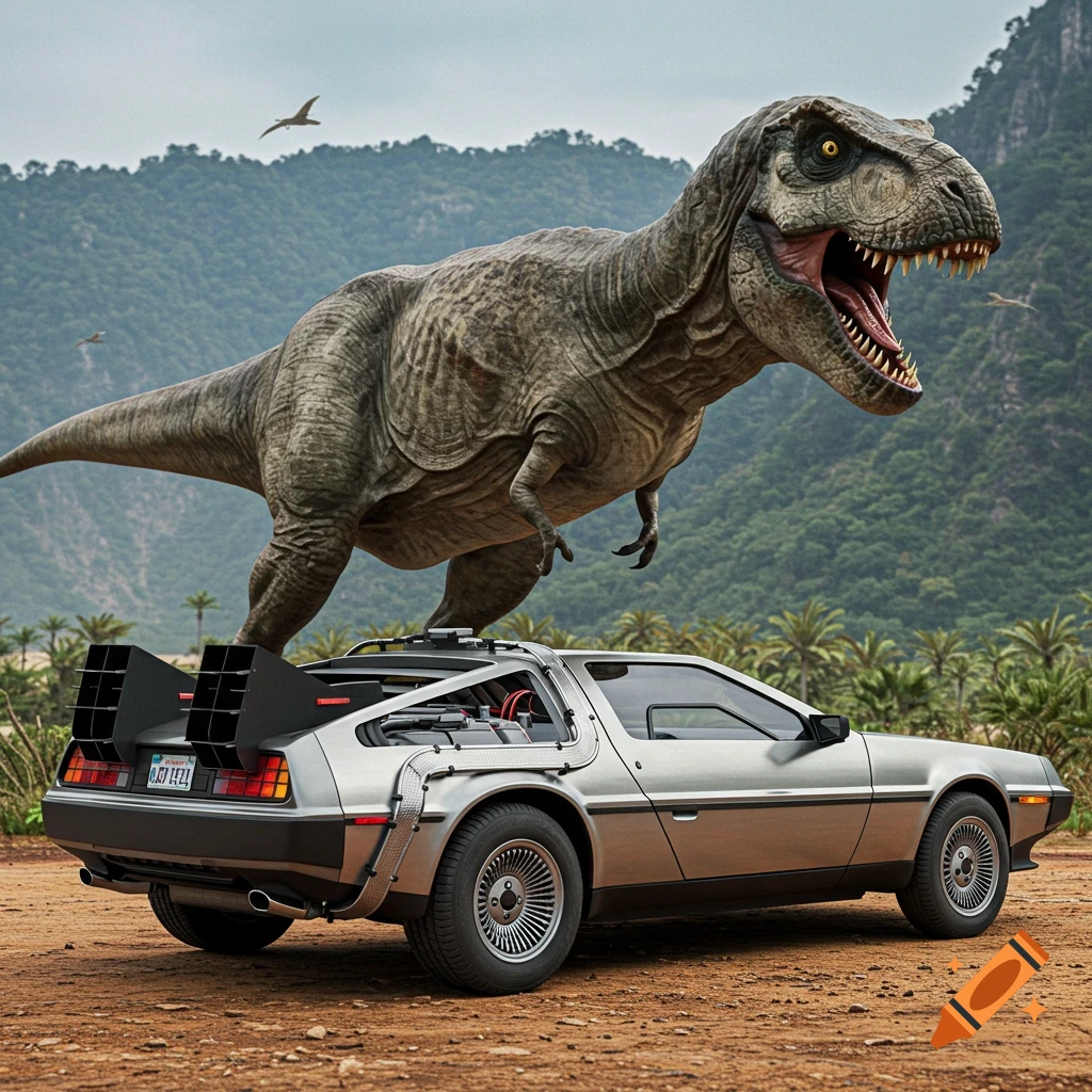 A massive Tyrannosaurus Rex stands on a silver DeLorean car in a lush, mountainous jungle, with pterodactyls flying overhead.