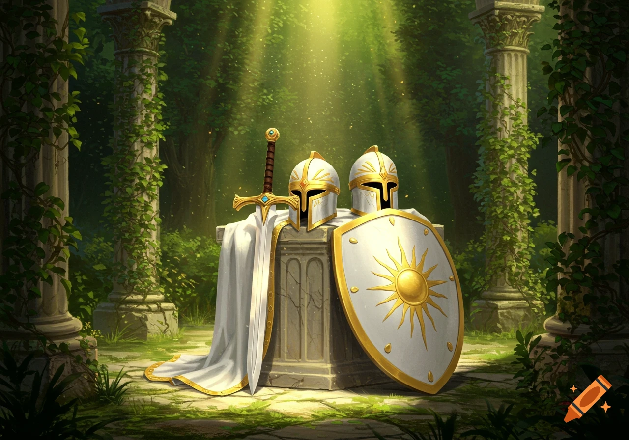 A pristine white and gold sword, two helmets, and a sun-emblazoned shield rest on a stone pedestal in a sunlit, vine-covered forest with ancient columns, in a painterly fantasy art style.