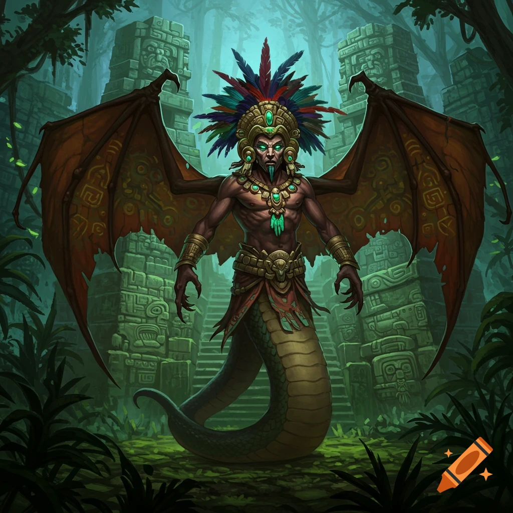A powerful winged snake-man creature with green eyes and an elaborate Aztec-inspired feathered headdress stands in front of ancient jungle ruins.