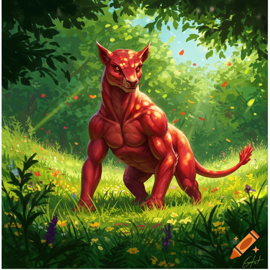 A muscular, red, feline-like creature with spots stands in a sunny, vibrant green forest with wildflowers.