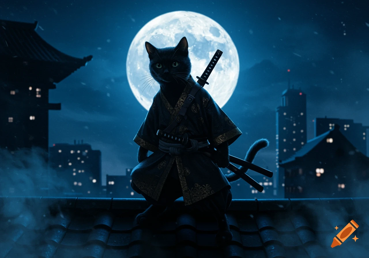 A black cat dressed as a samurai ninja crouches on a tiled rooftop at night, with a full moon and city skyline in the background.
