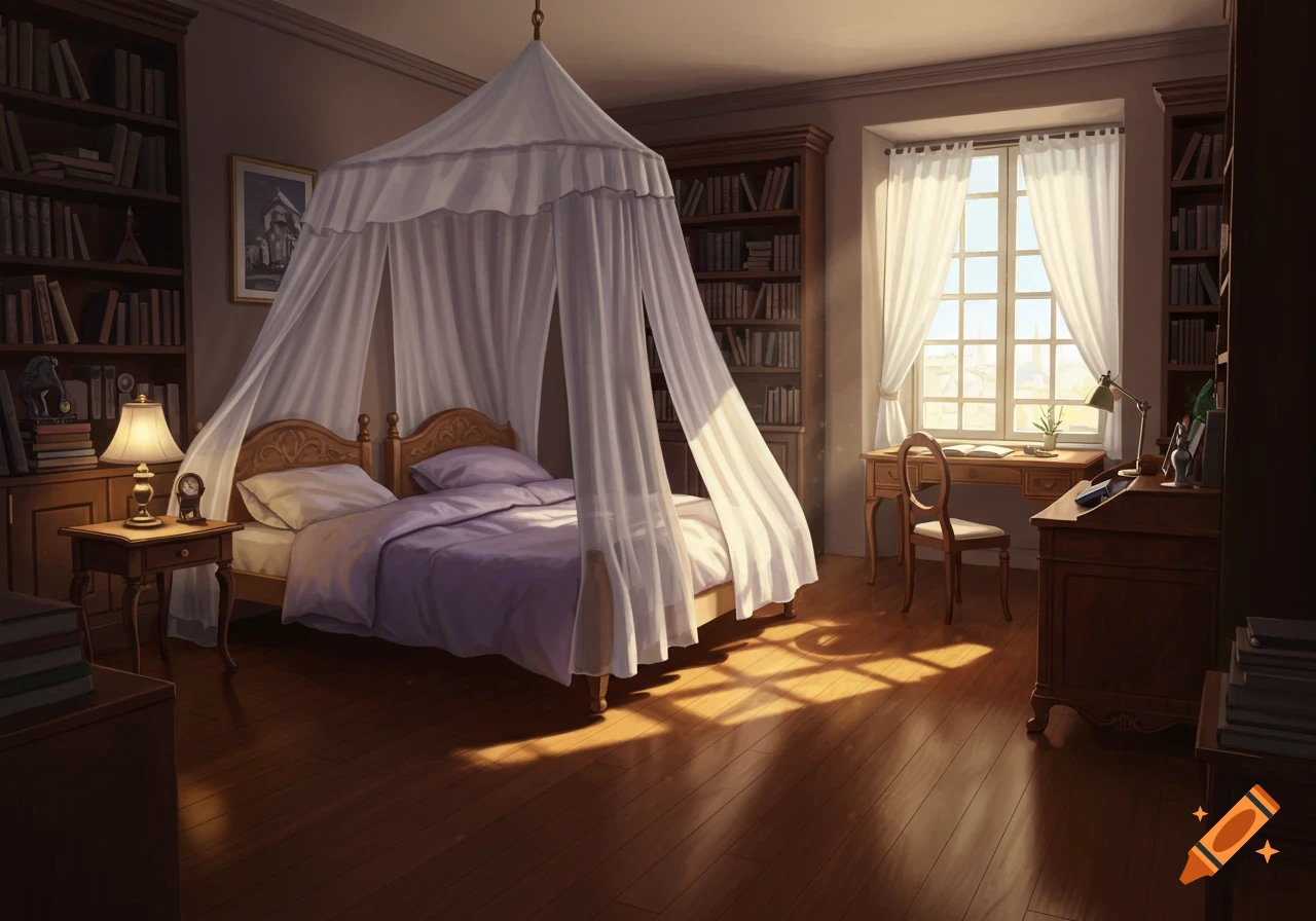 A cozy anime-style bedroom with a canopy bed, wooden desk, and bookshelves, illuminated by sunlight streaming through a window.