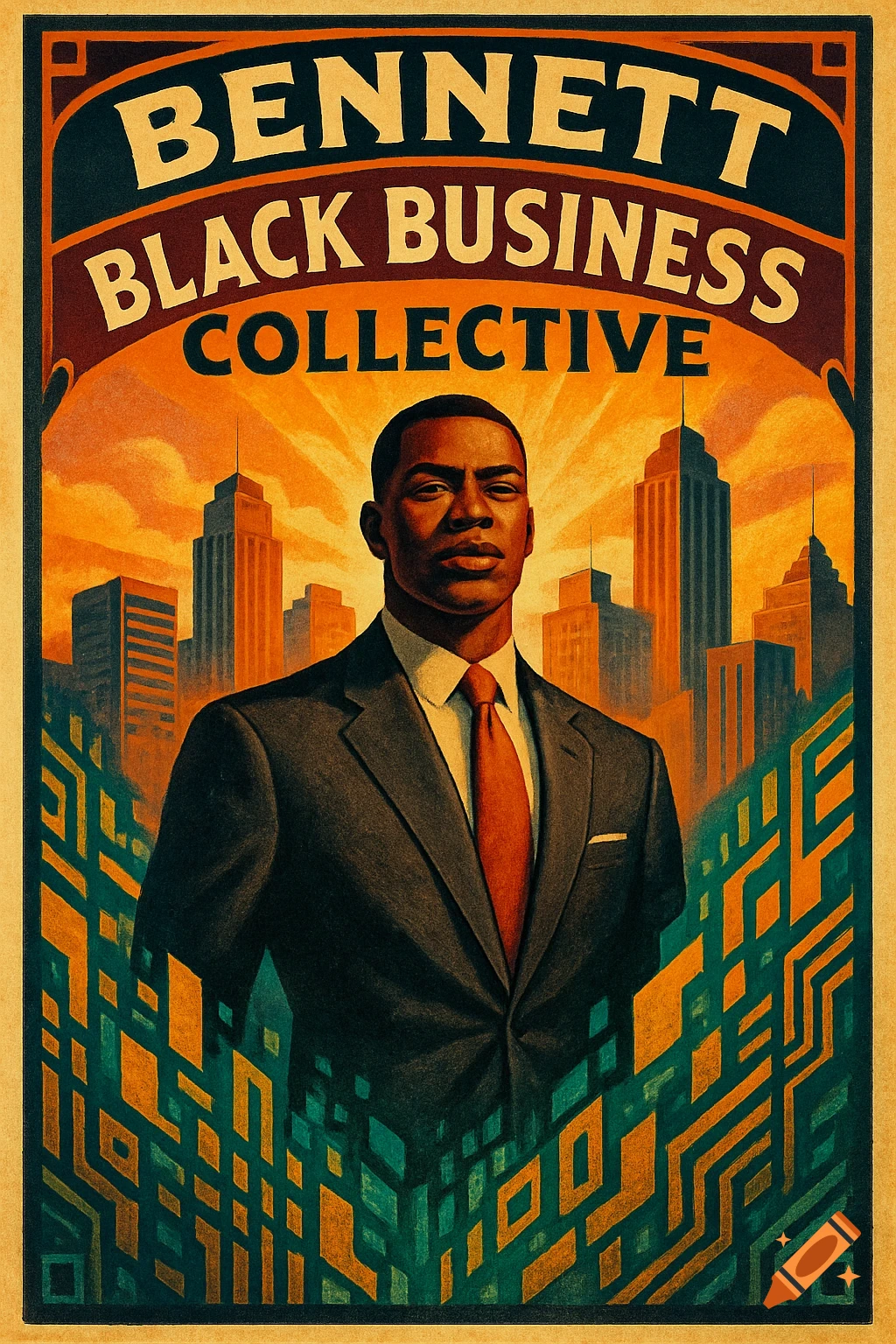 Retro-style poster of a man in a suit with a city skyline background and "Bennett Black Business Collective" text.
