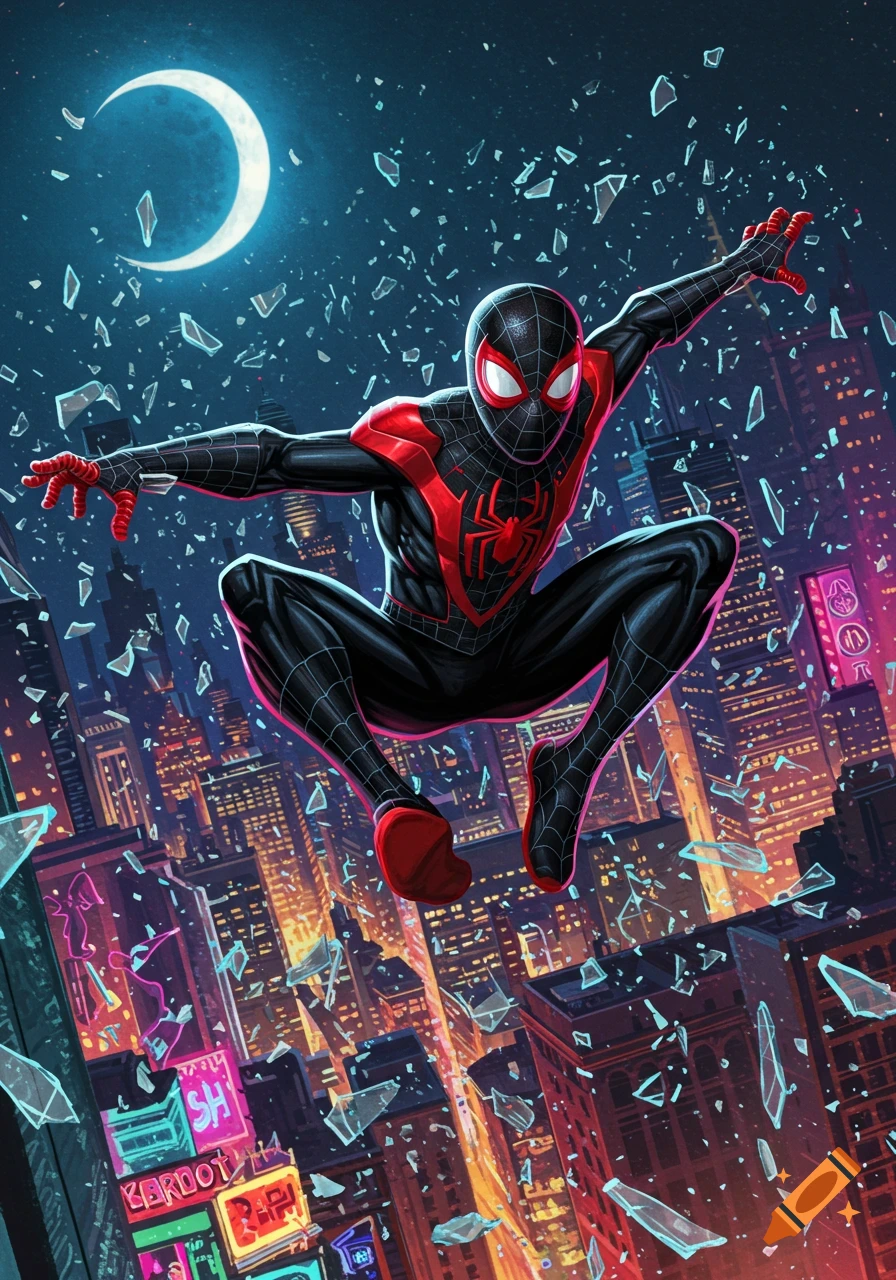 Miles Morales leaps through broken glass over a vibrant neon city at night, in a comic book style.