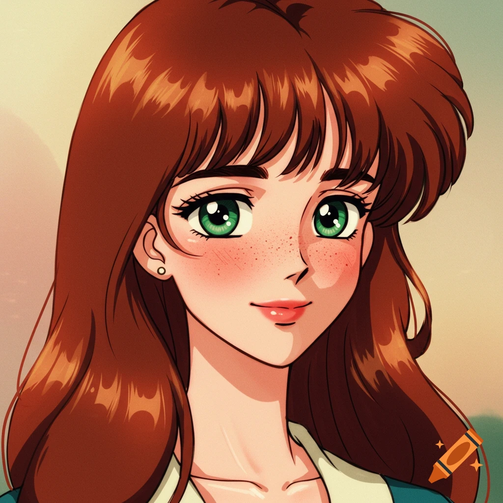 Vintage 90s anime style portrait of a woman with long auburn hair, green eyes, and freckles.