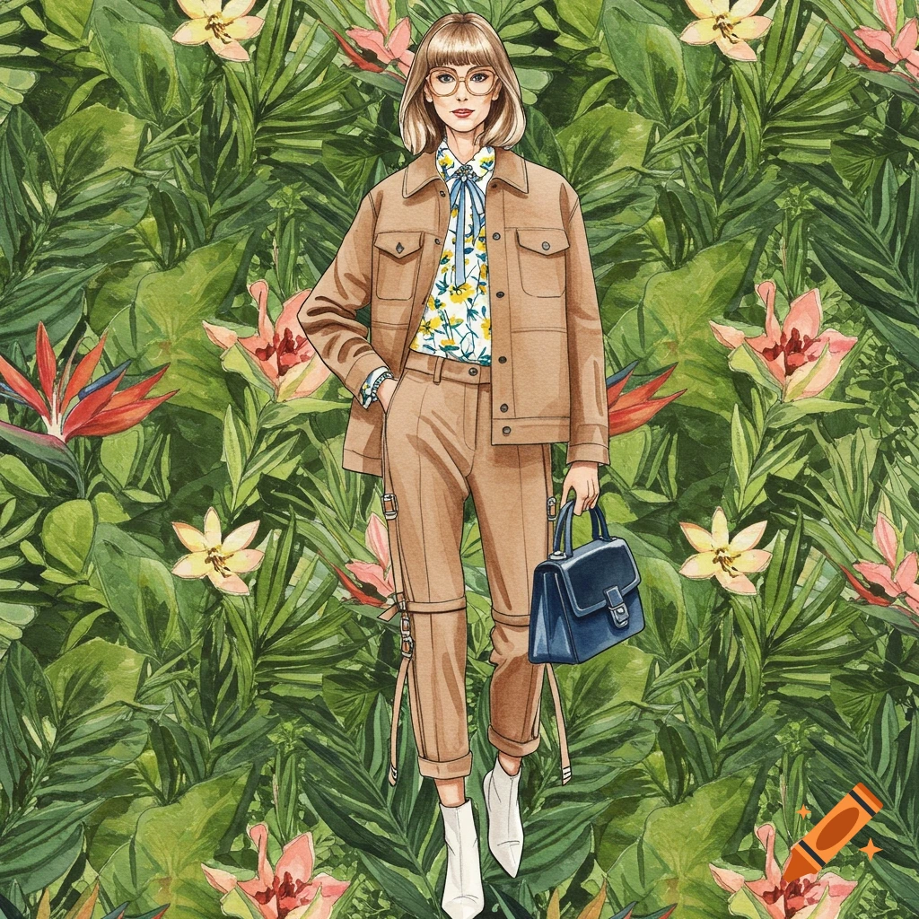 Watercolor illustration of a woman in a brown jacket, floral shirt, and pants, holding a blue bag, against a tropical plant background.