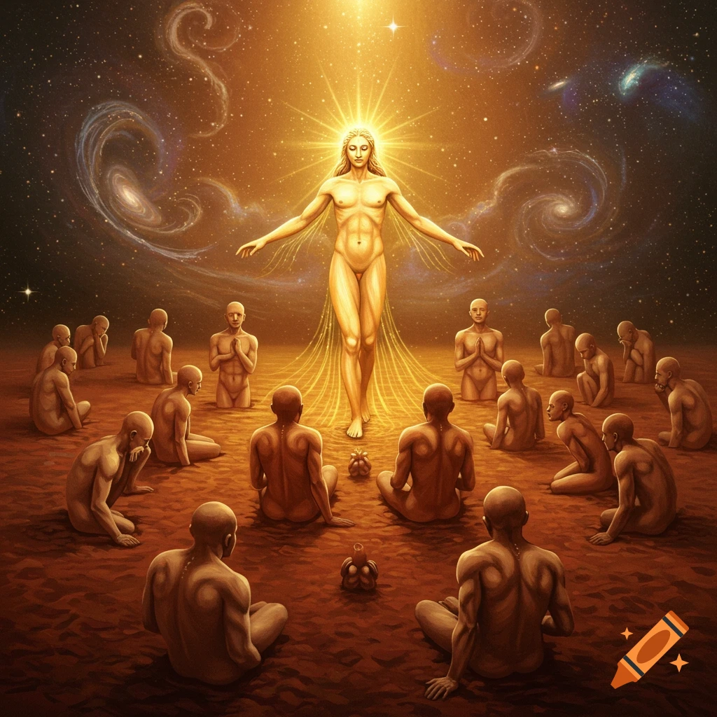 A radiant, ethereal figure stands in a cosmic landscape, surrounded by many nude, kneeling figures, in a spiritual, painted style.
