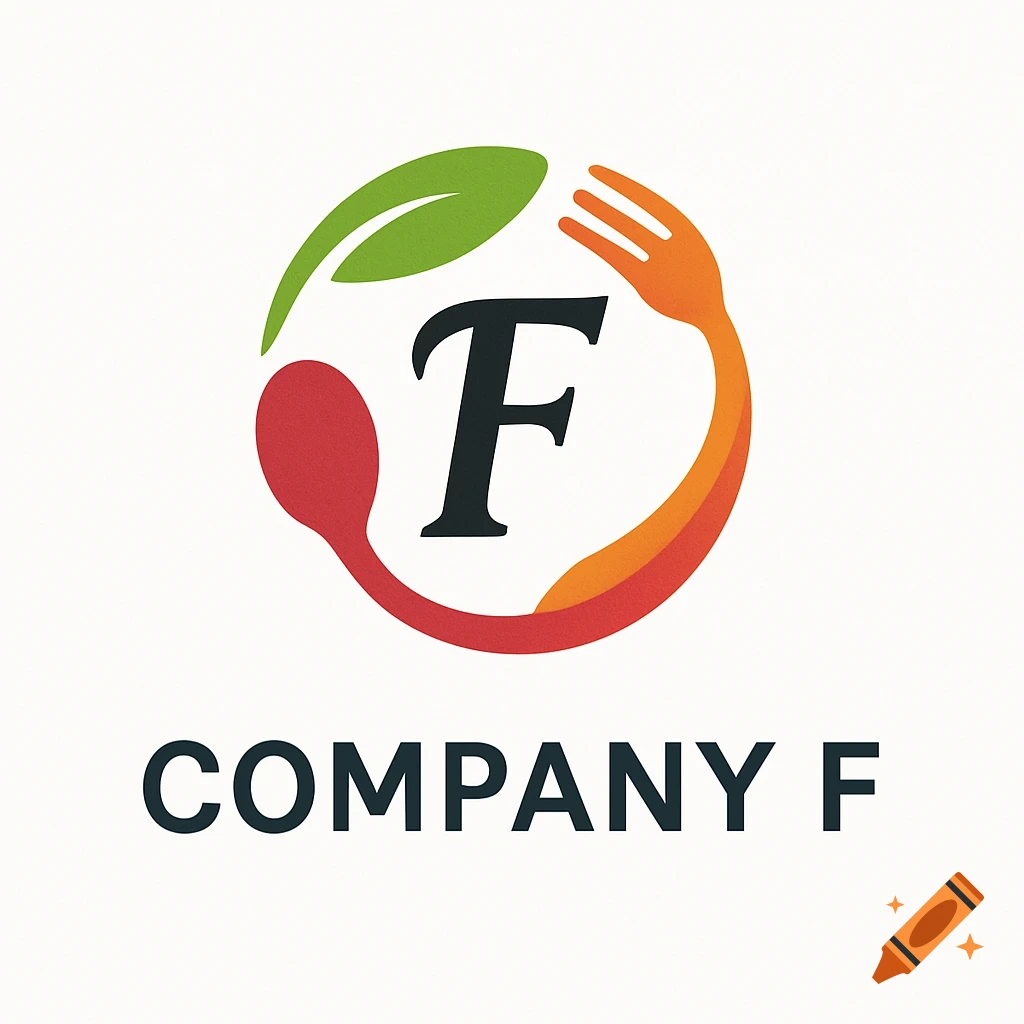 A colorful logo for Company F featuring a leaf, spoon, and fork surrounding the letter F, with 'COMPANY F' text below.