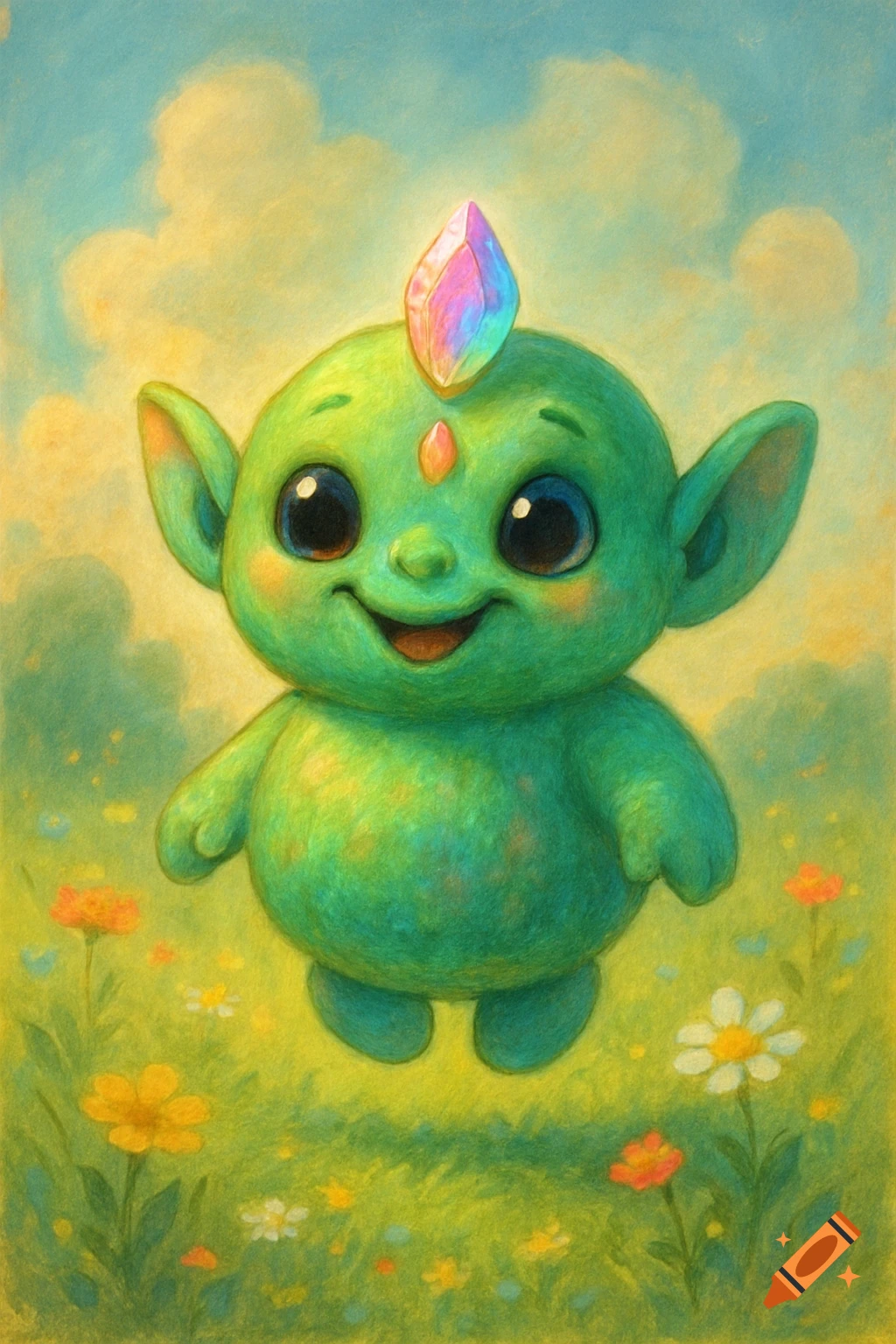A cute, round, green alien creature with big eyes and a colorful crystal on its head smiles in a field of flowers.