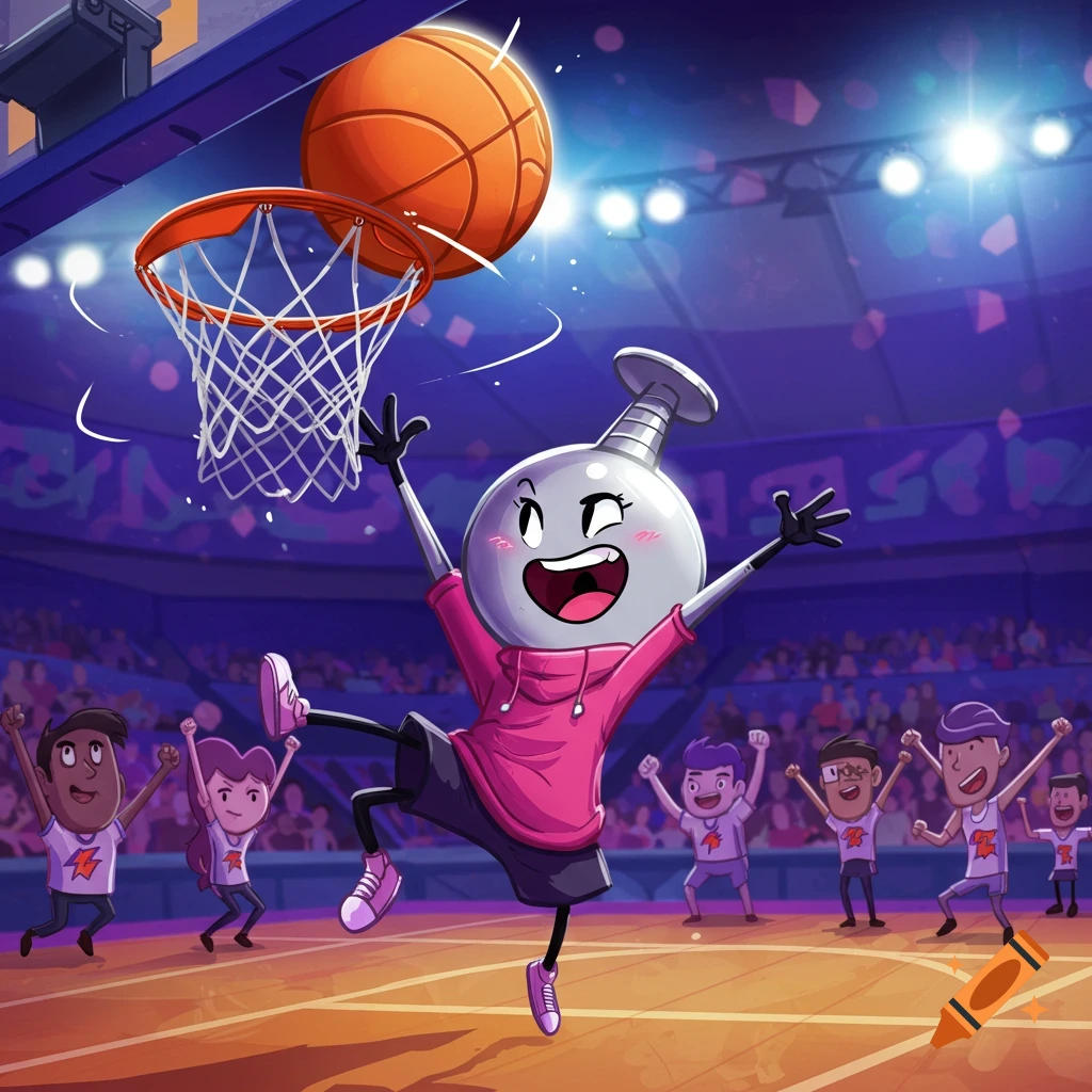 A cartoon character with a lightbulb-like head, wearing a pink hoodie, jumps to dunk a basketball in a brightly lit arena.