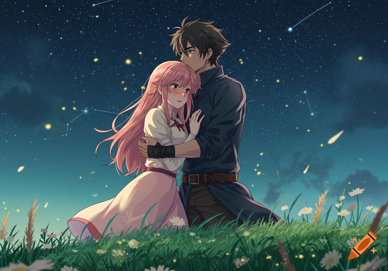 Anime couple embracing in a field under a starry night sky.