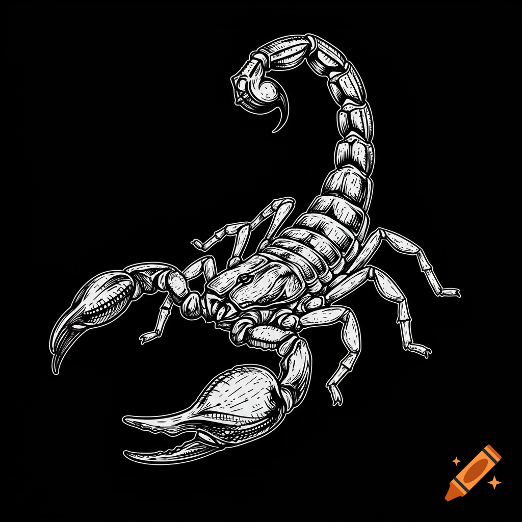 A detailed black and white illustration of a scorpion on a black background, in a stamp-like style.