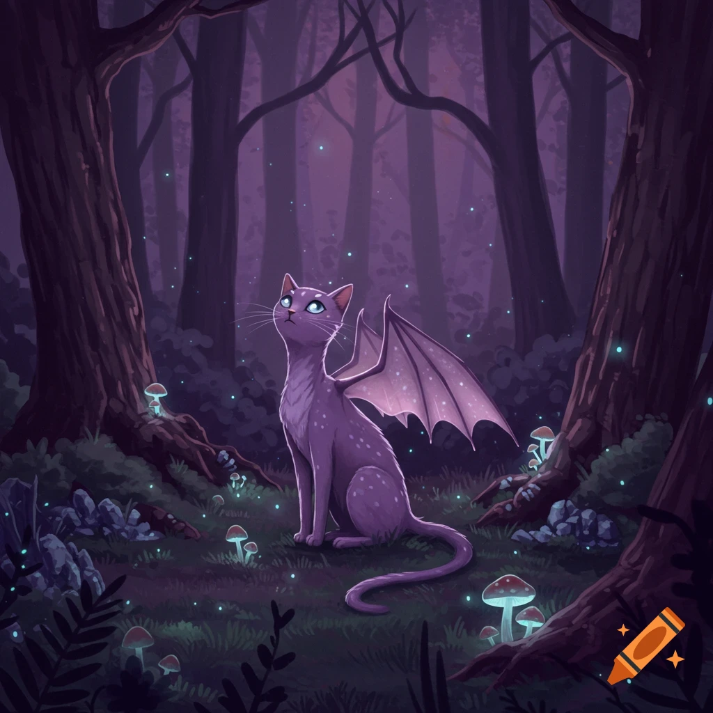 A cute purple cat with purple dragon wings sits in a dark, glowing purple forest with mushrooms.