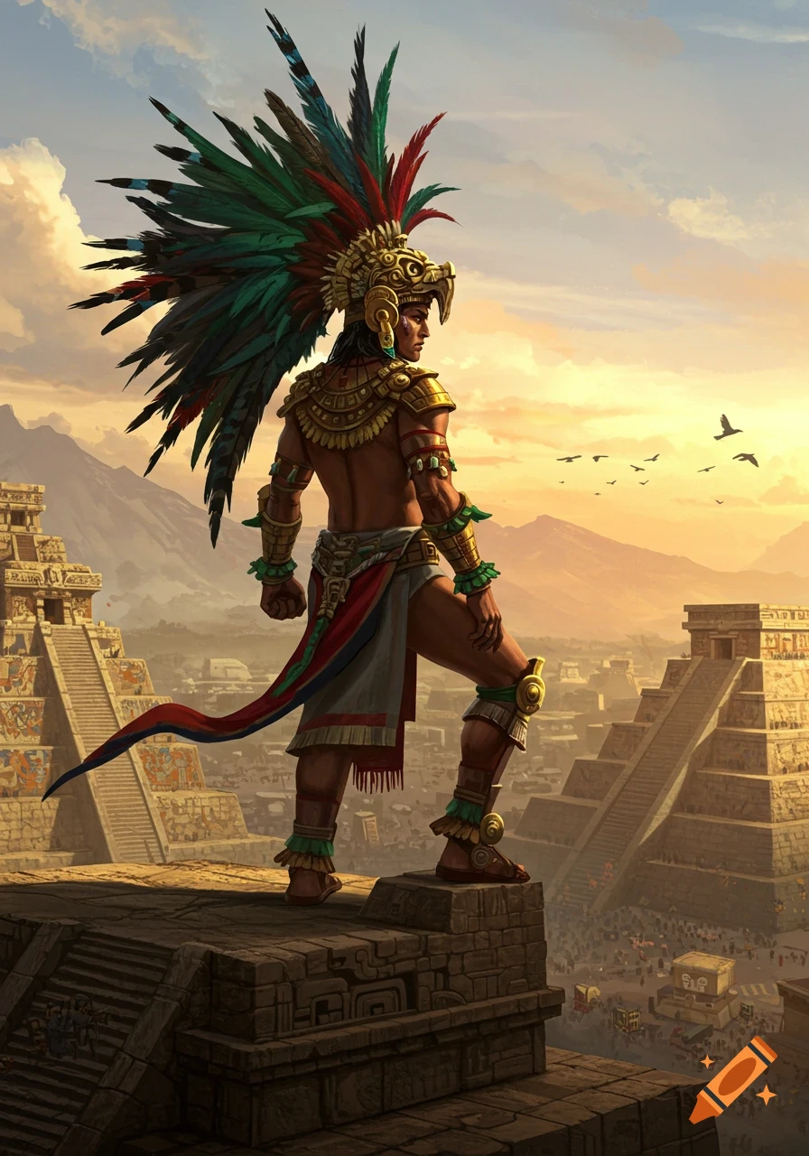Digital painting of an Aztec warrior in feathered headdress and gold armor, standing on a pyramid overlooking an ancient city at sunset.