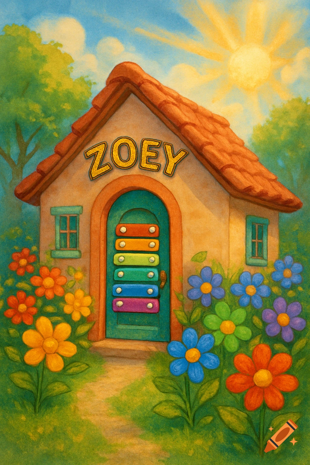Colorful whimsical illustration of a small house with 'ZOEY' on the roof, a xylophone door, surrounded by bright flowers under a sunny sky.