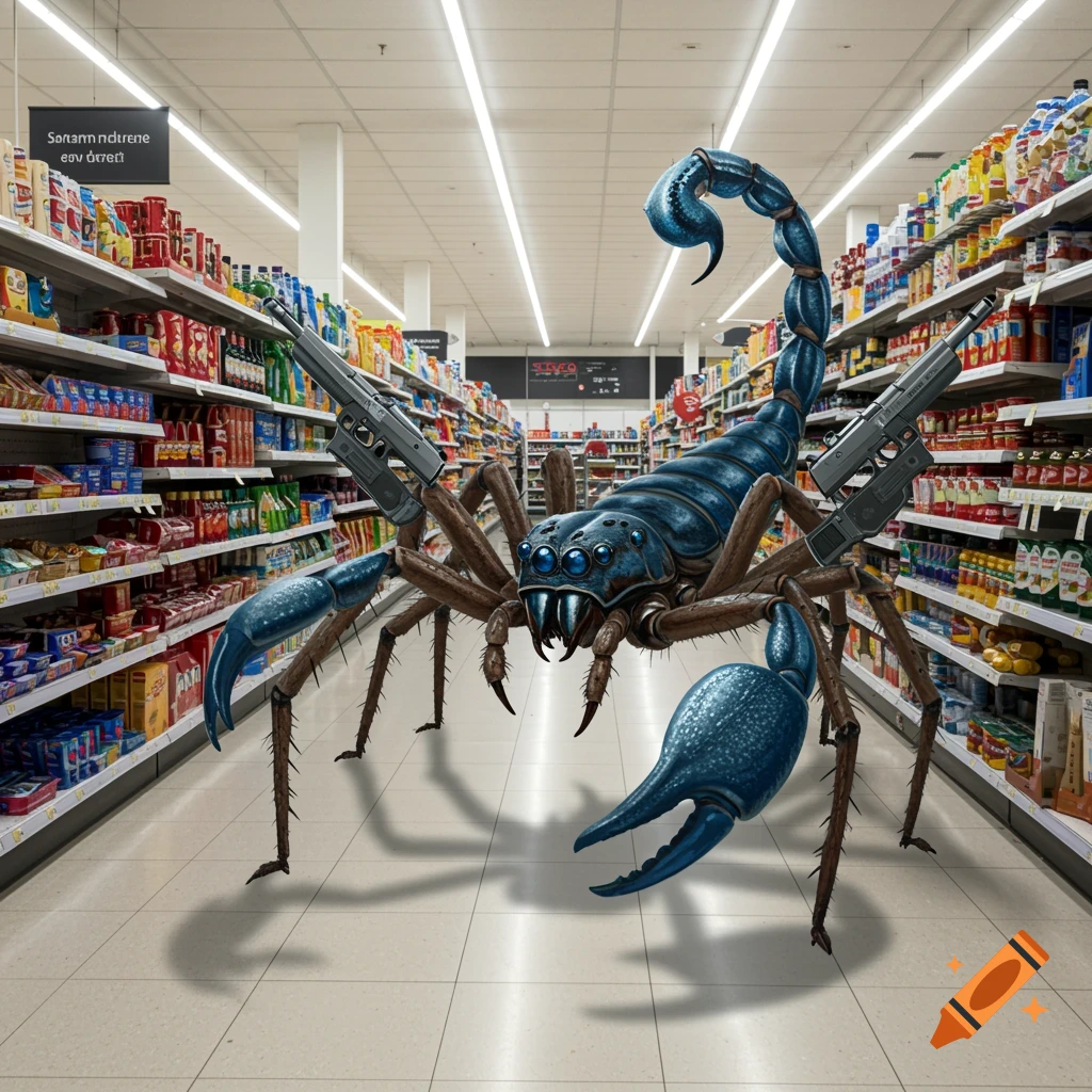 A large, blue, hybrid spider-scorpion creature stands in a supermarket aisle, holding a gun in each of its front legs.