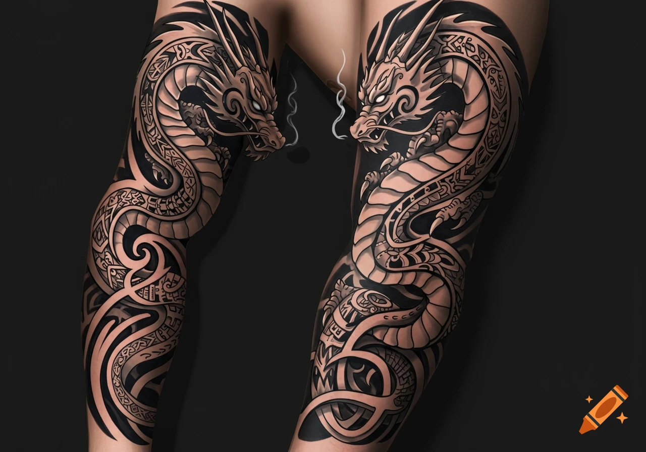 Two legs adorned with intricate black and white tribal dragon tattoos, facing each other.