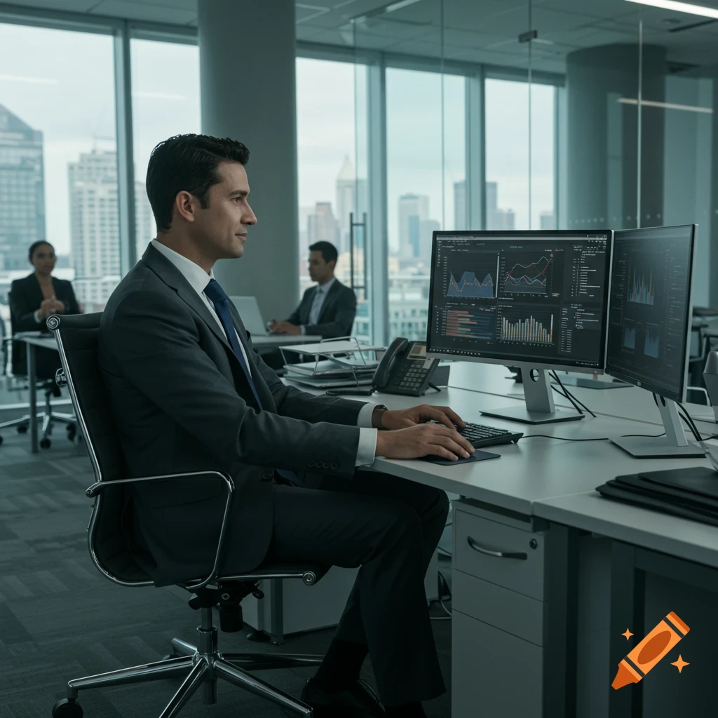 A photorealistic image of a man in a suit working at a desk with dual monitors displaying charts in a modern office.