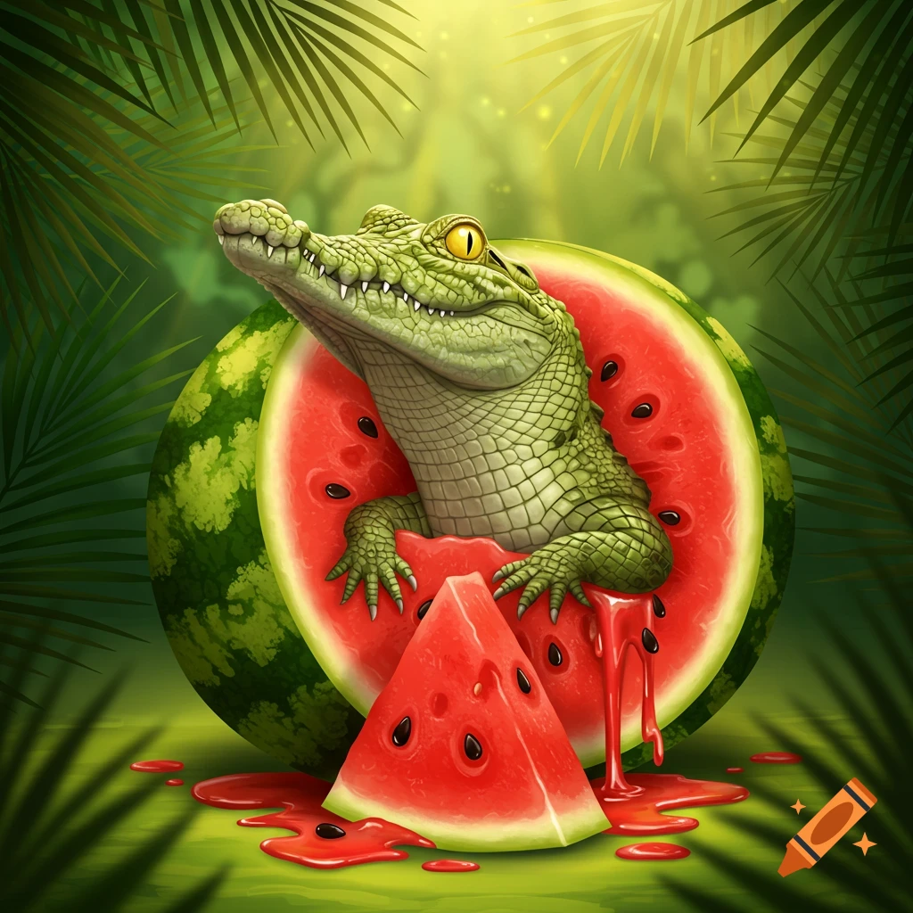 A happy baby crocodile emerges from a sliced watermelon in a lush jungle setting, with a watermelon slice and spilled juice on the ground.