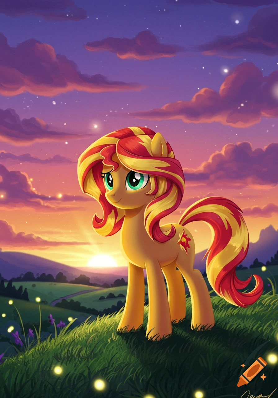 A colorful cartoon pony with fiery red and yellow mane stands on a grassy hill with glowing lights, silhouetted against a vibrant purple and orange sunset sky.