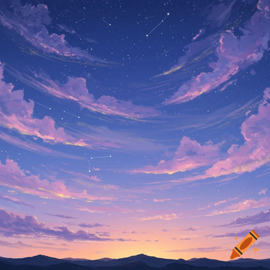 A vibrant, stylized sky with pink and purple clouds at sunset or sunrise, visible stars, and dark mountains.