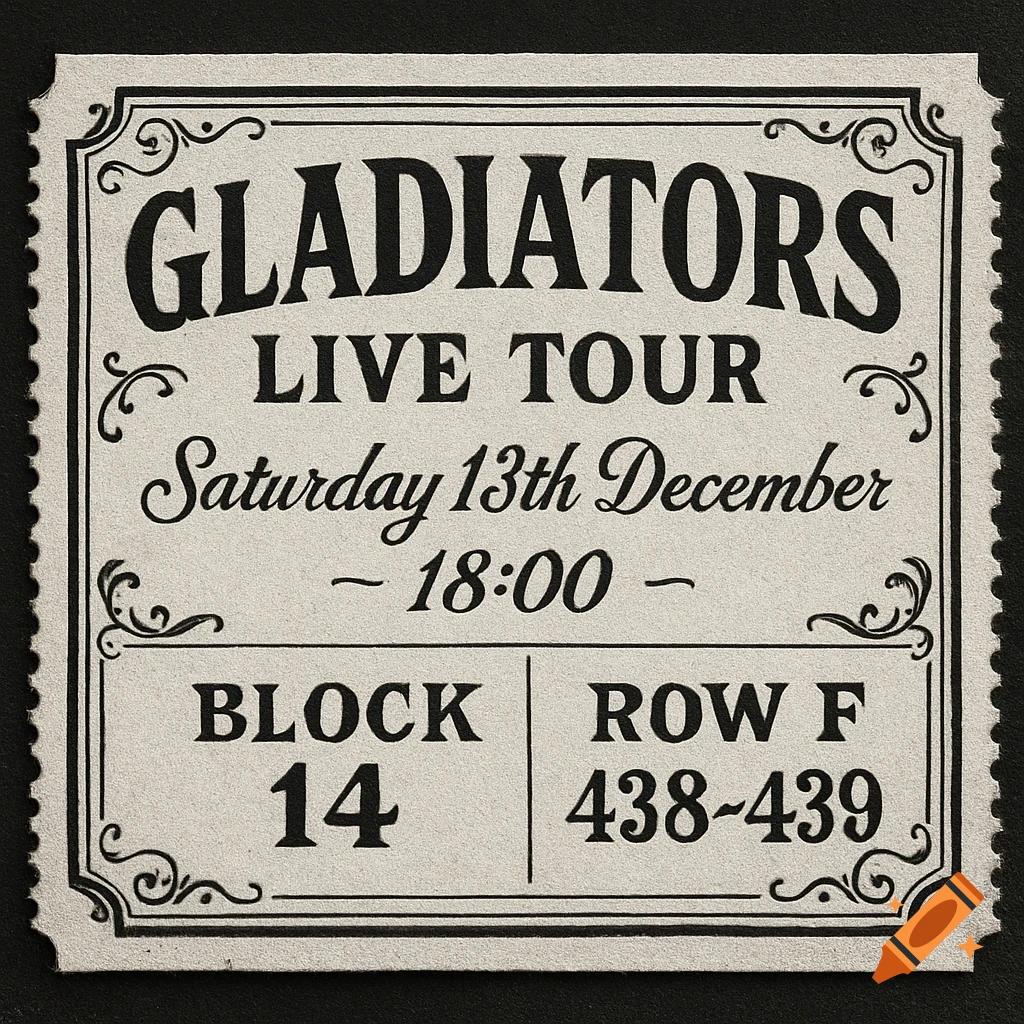 A vintage-style black and white ticket for a Gladiators Live Tour on Saturday, December 13th at 18:00, Block 14, Row F, Seats 438-439.