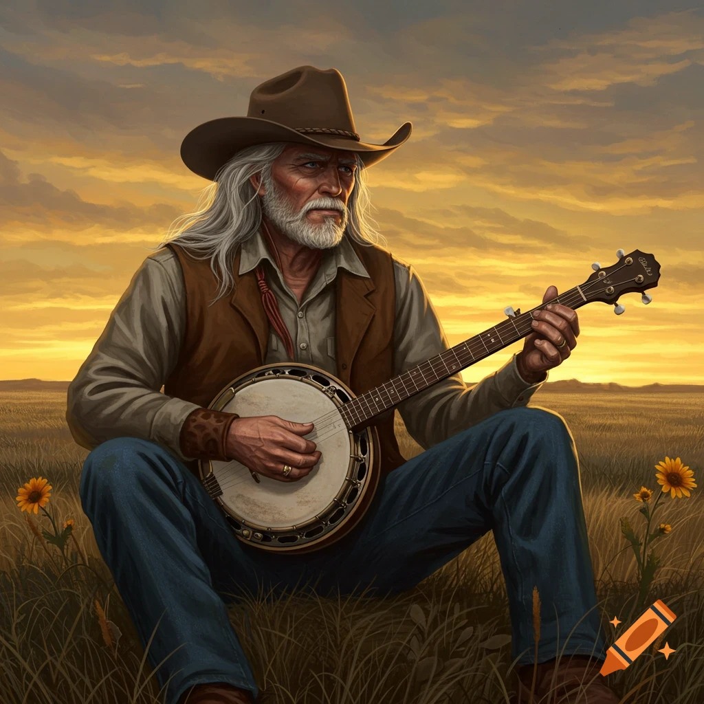 An aging cowboy with long grey hair and a beard sits in a grassy field playing a banjo at sunset, depicted in a painterly style.