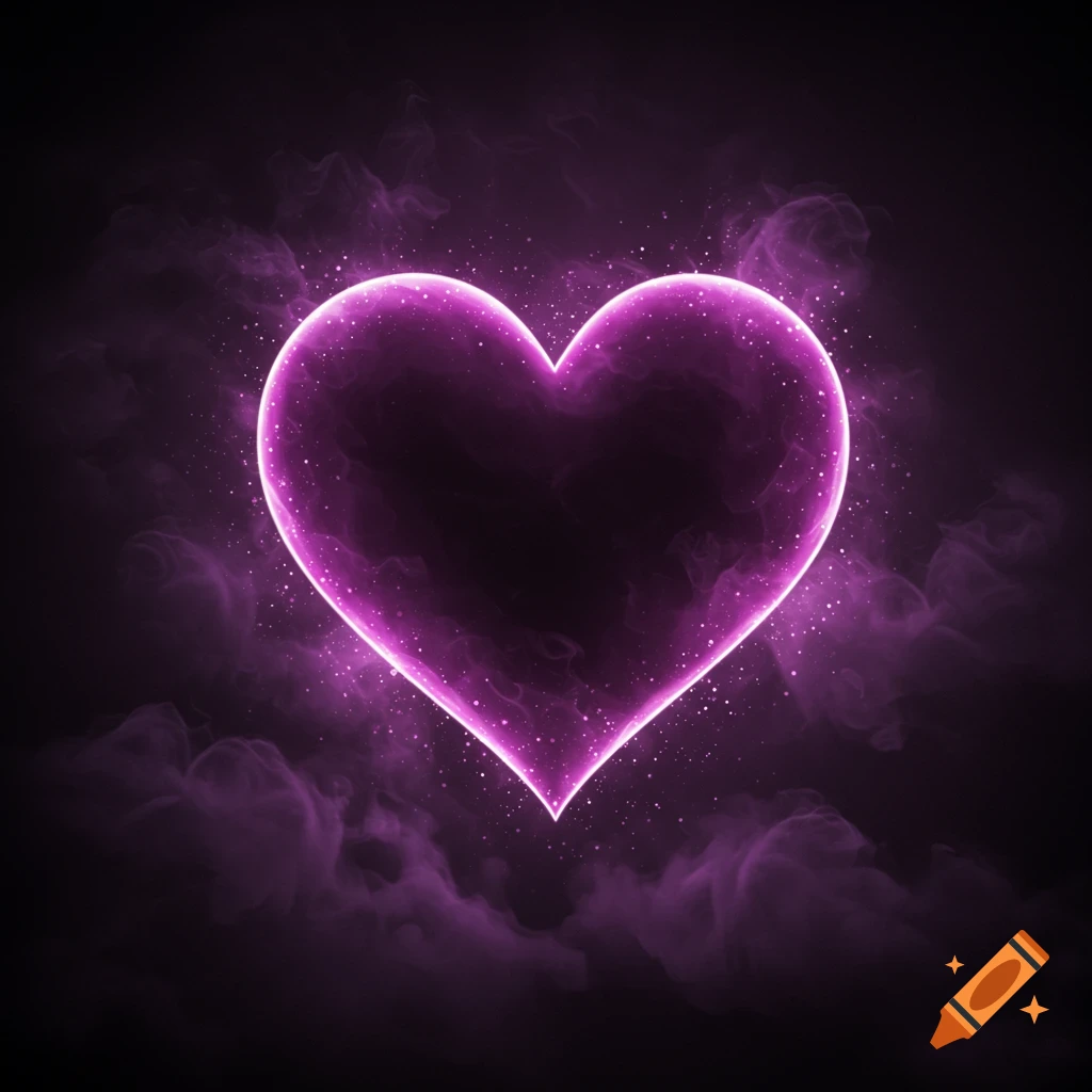 A glowing purple heart surrounded by shimmering particles and smoke on a dark background.