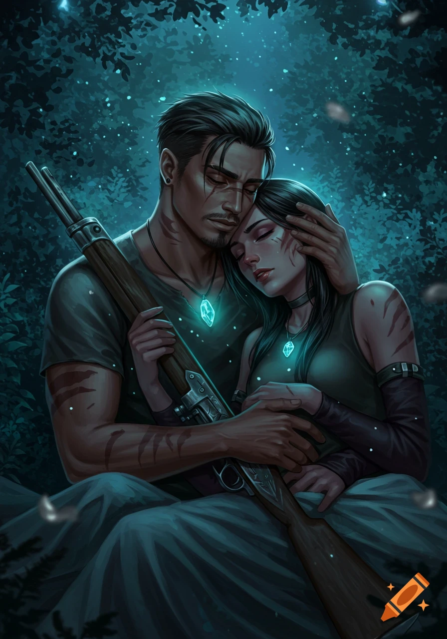 A man and woman embrace in a dark, magical forest, glowing crystals around their necks, man holding a rifle, digital art.