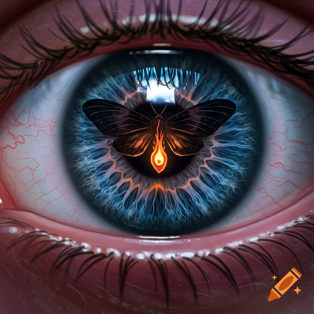 Close-up of a human eye with a blue iris. A black moth with an orange flame is visible inside the dark pupil.