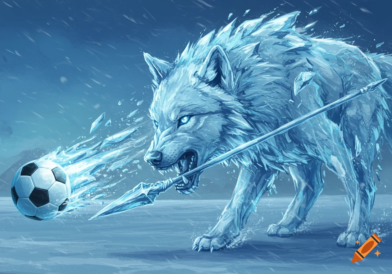 An icy wolf with glowing blue eyes attacks a soccer ball with an icy spear, amidst a blizzard.