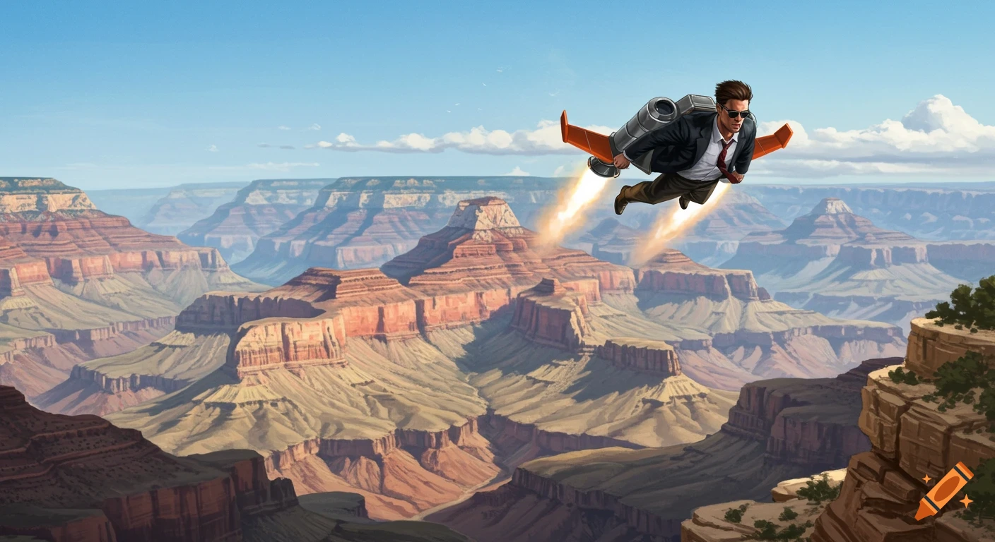 A man in a suit flies a jetpack over the vast, red canyons of the Grand Canyon under a clear blue sky.