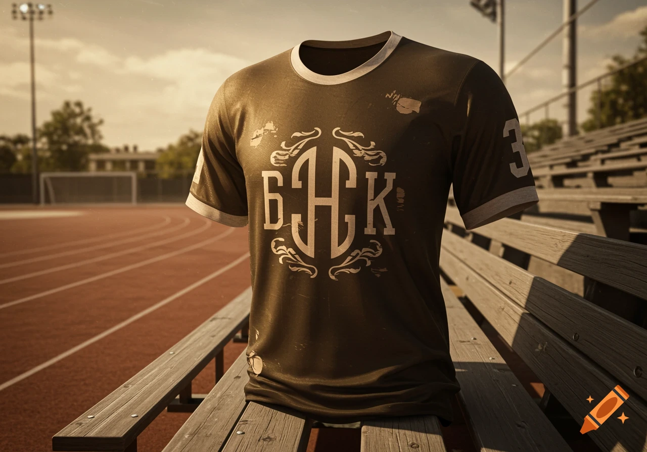 A vintage-style dark t-shirt with a white monogram and the number 3 on the sleeve, resting on a wooden bench at a track and field stadium.